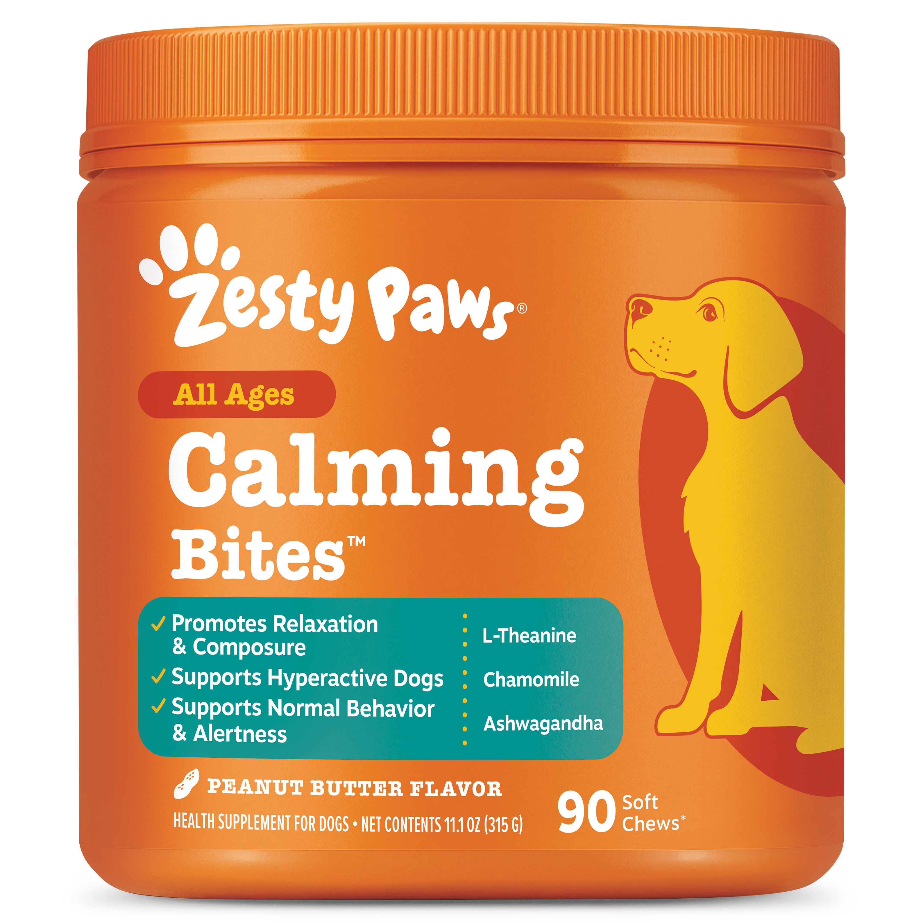 Orange jar of Zesty Paws Calming Bites dog treats with peanut butter flavor, 90 soft chews, featuring yellow dog illustration
