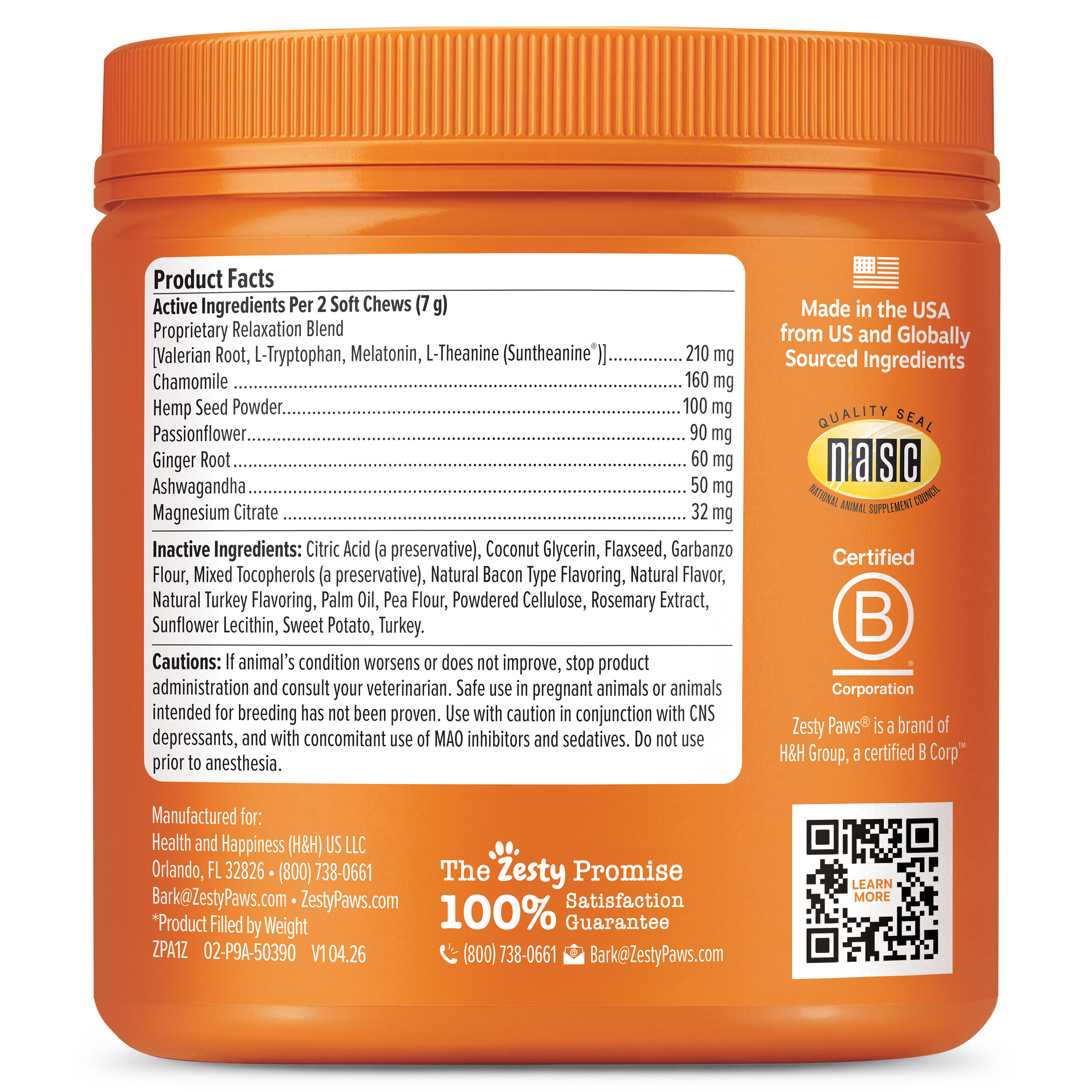 Orange jar of dog calming supplement bites with product facts label, ingredients list, and certification badges on front.