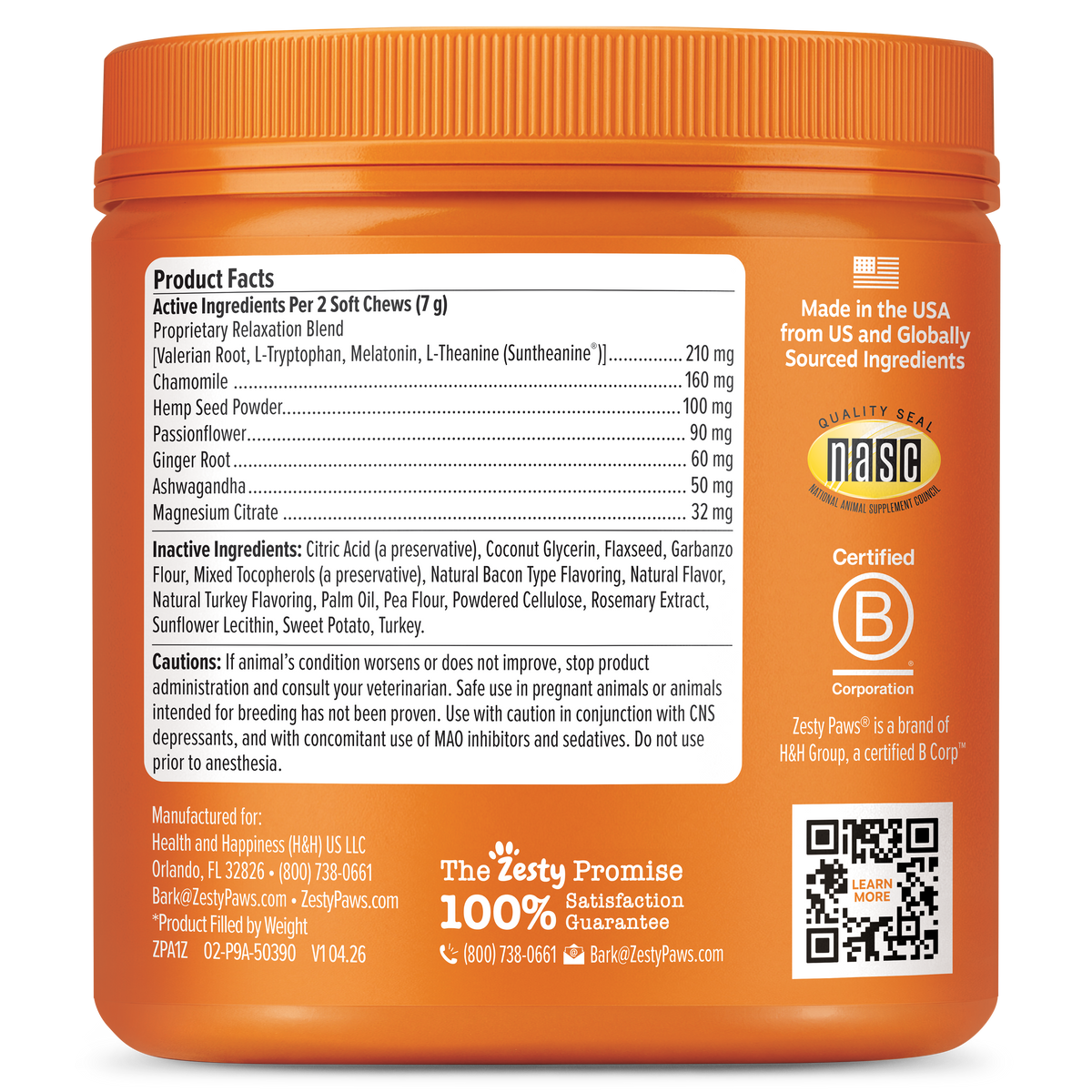 Orange jar with ridged lid containing dog calming supplement bites with ingredient and product information label.