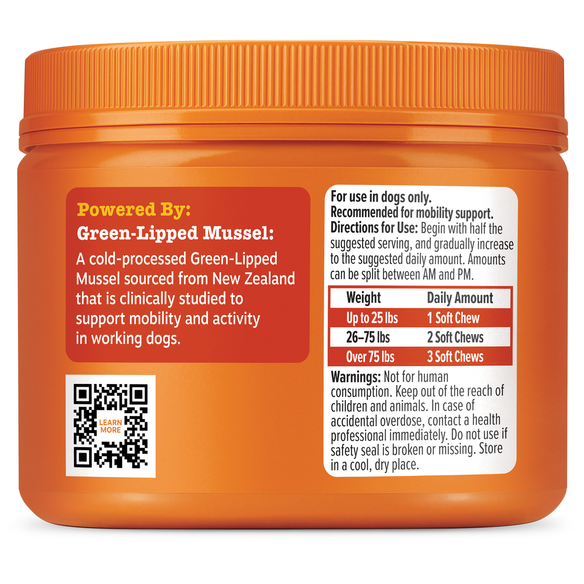 Orange jar with ridged cap containing soft chews, labeled with green-lipped mussel information and dosage guidelines for dogs