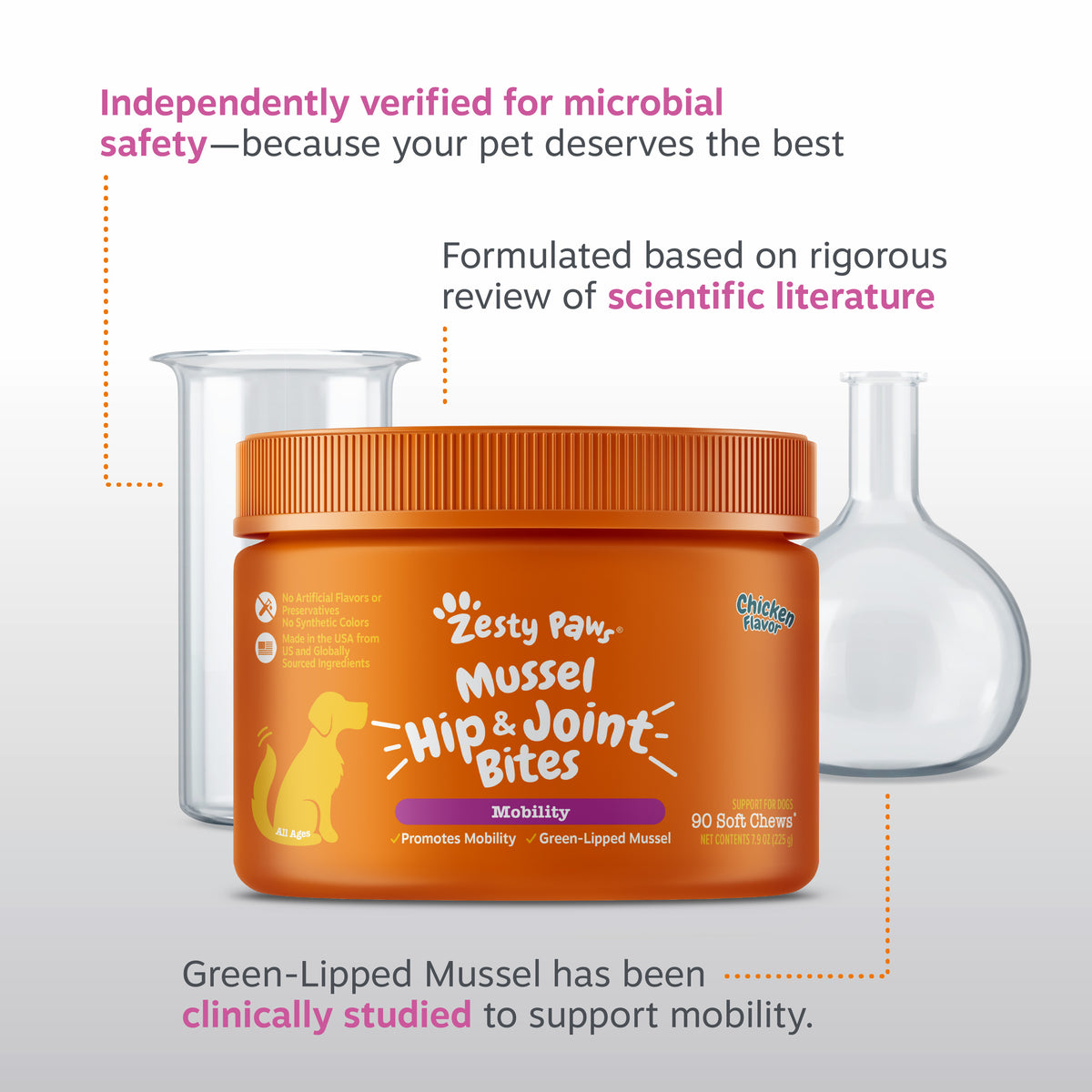 Orange bottle of Zesty Paw Mussel Hip & Joint Bites dog treats with chicken flavor label, surrounded by laboratory glassware.