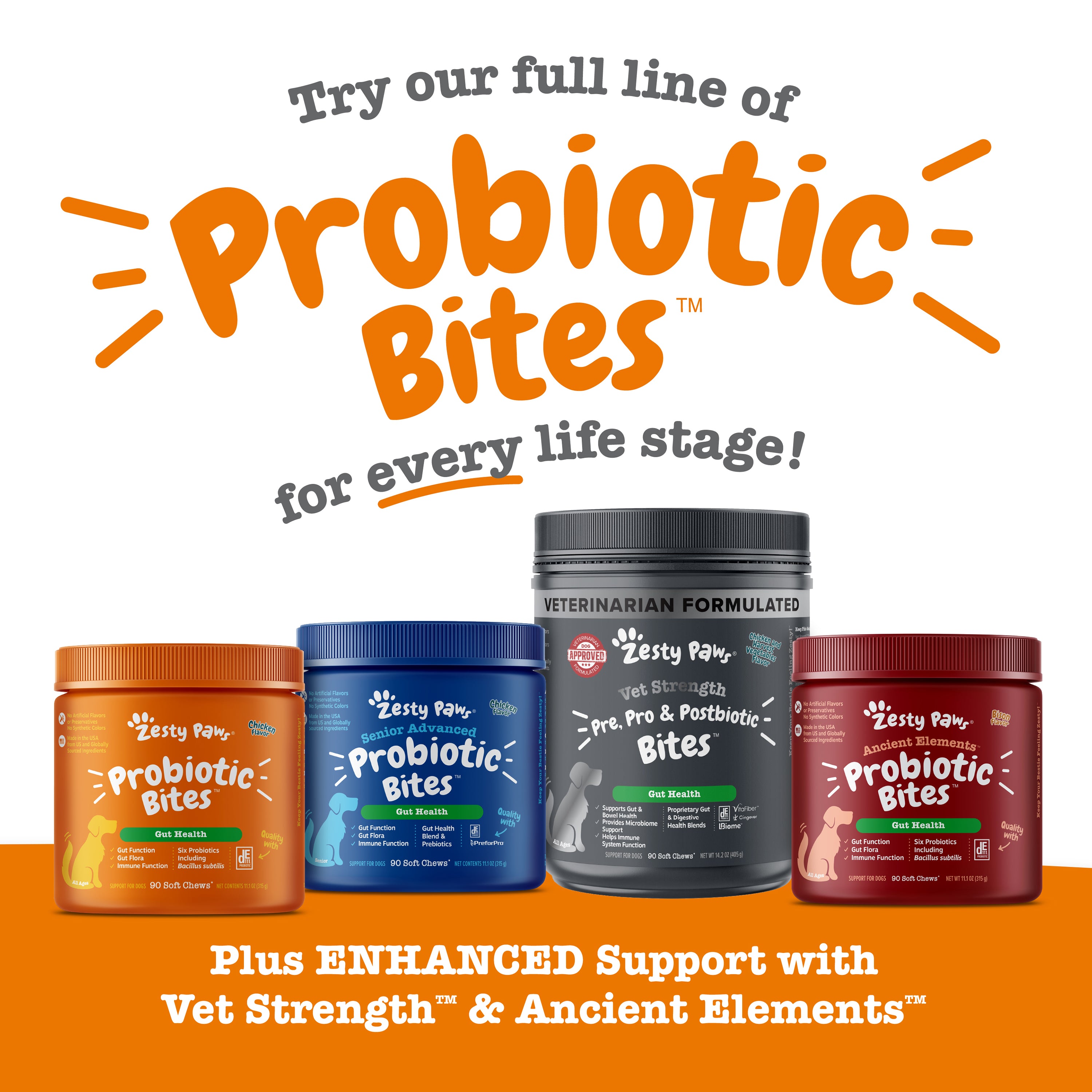 Three jars of Zesty Paw probiotic bites in orange, blue, and burgundy containers displayed side by side.
