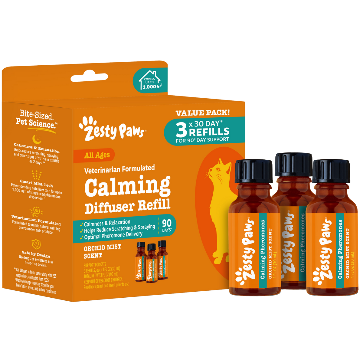 Zesty Paws calming diffuser refill pack with three amber bottles labeled "Calming & Relaxation" in orchid mist scent.
