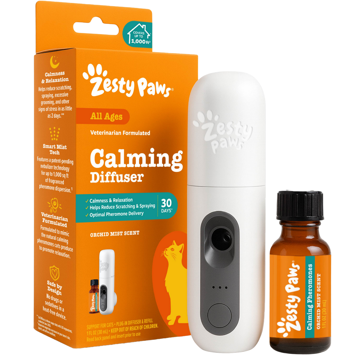 White Zesty Paw calming diffuser with black accents next to amber bottle of orchid mist refill and orange product packaging.