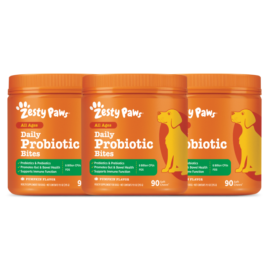 Three orange Zesty Paws Daily Probiotic Bites jars with pumpkin flavor for all ages dogs.