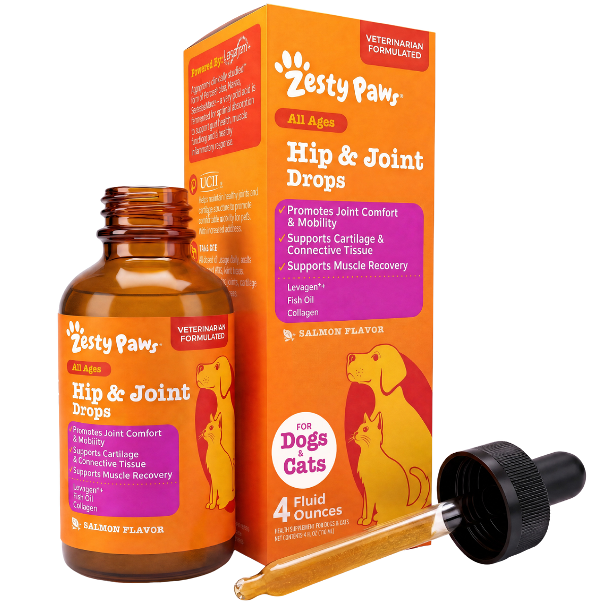 Zesty Paws Hip & Joint Drops amber bottle with dropper and orange box labeled for dogs and cats, salmon flavor.