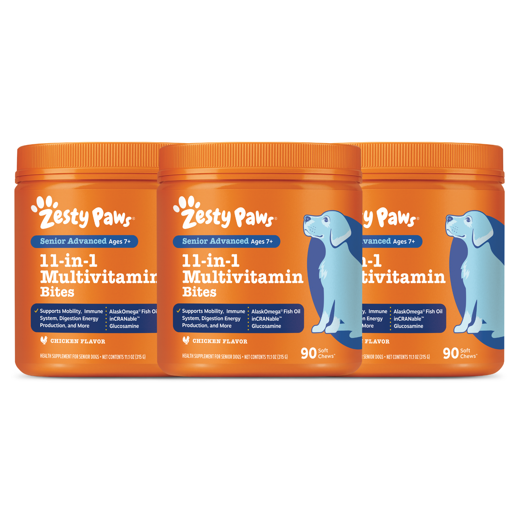 Three orange Zesty Paws Senior Advanced 11-in-1 Multivitamin Bites containers with chicken flavor, 90 soft chews each.