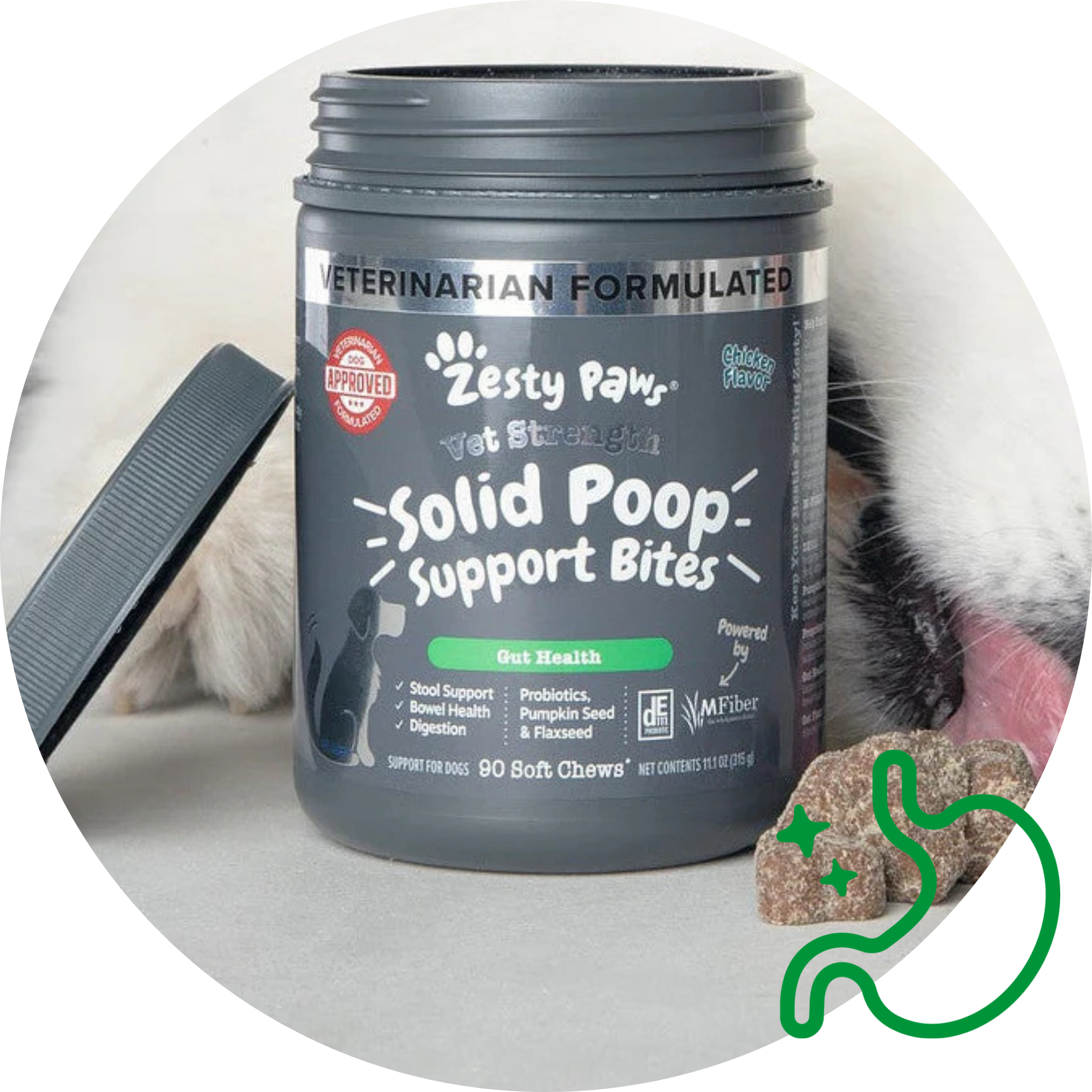 Zesty Paws Solid Poop Support Bites container with a dog in the background