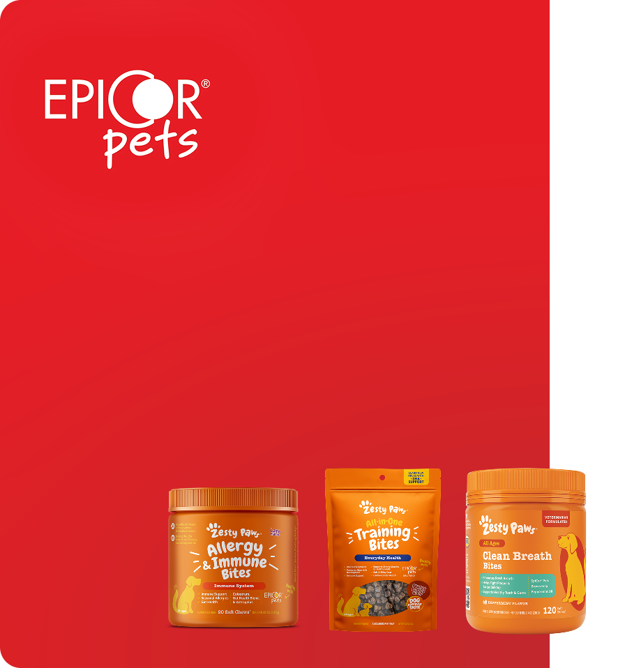 Epicor Pets and products lineup on a red background
