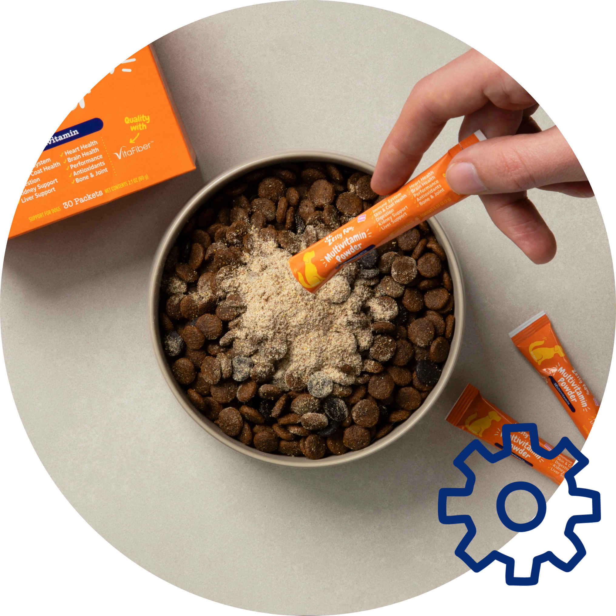 Hand pouring a powdered supplement into a bowl of dog food with a focus on pet care.