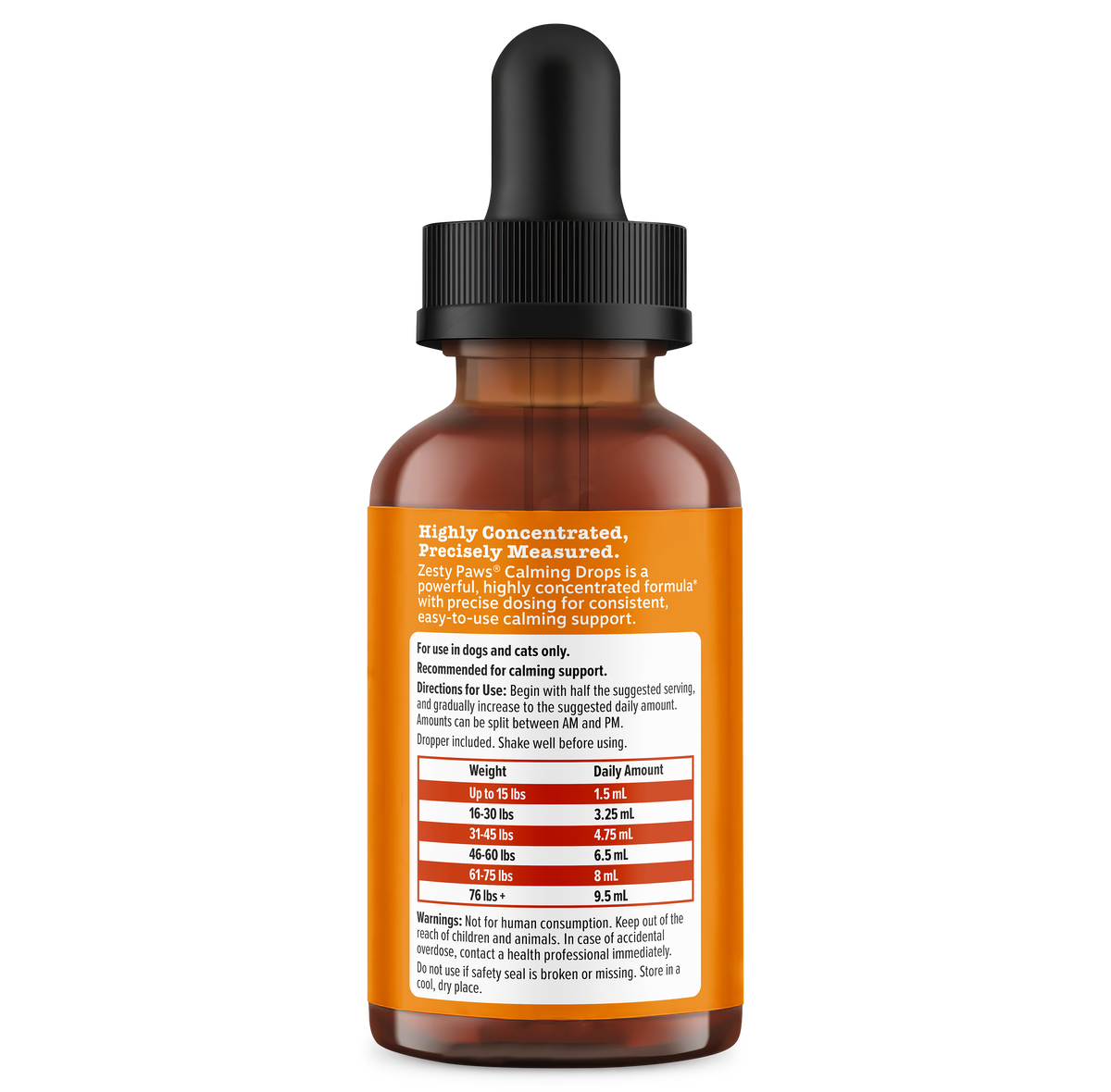 Brown glass bottle with black dropper cap and orange label displaying dosage information for pet calming drops.
