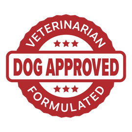 Red stamp-like graphic with 'Veterinarian Dog Approved Formulated' text on a white background