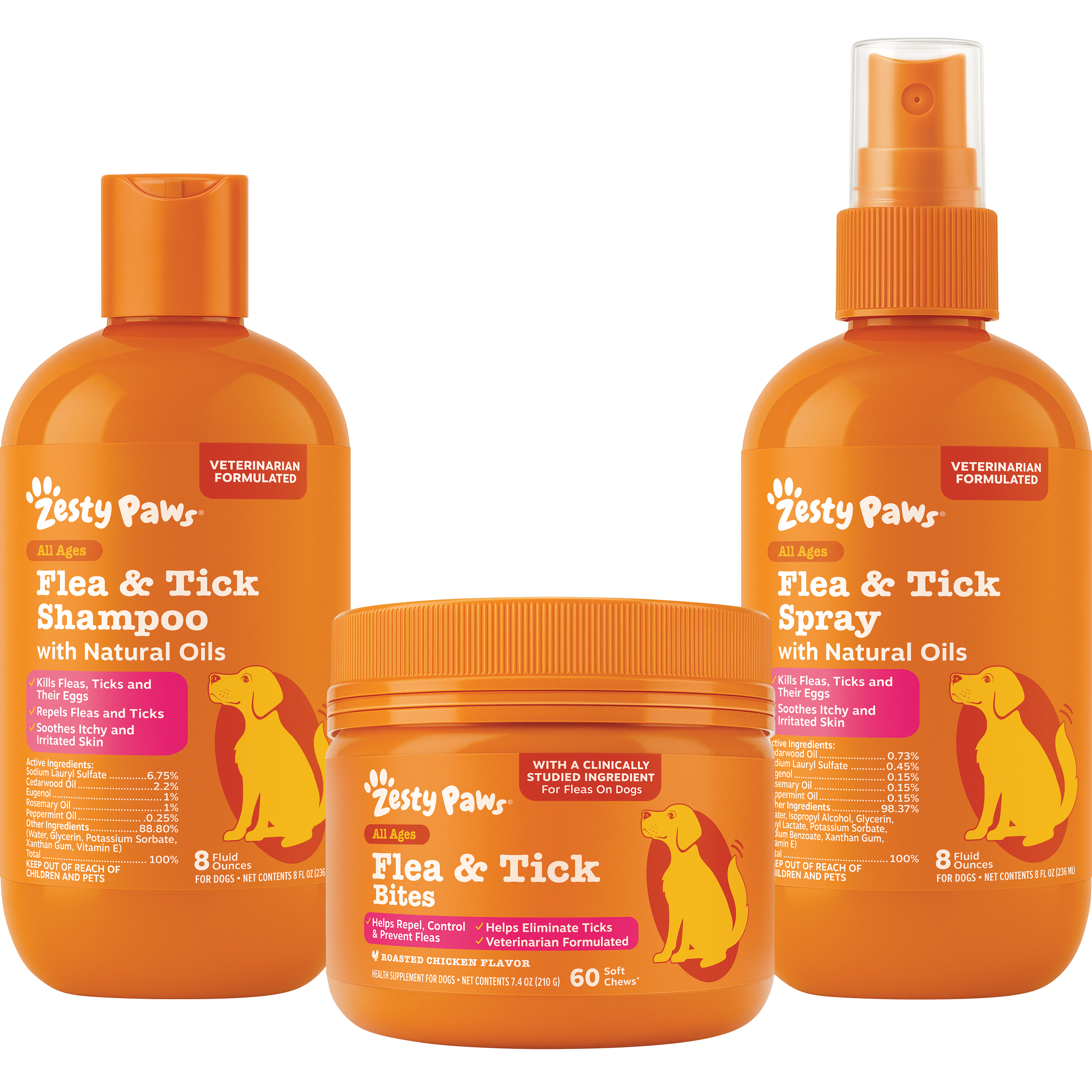 Three orange Zesty Paws flea and tick products: shampoo bottle, bite chews jar, and spray bottle.