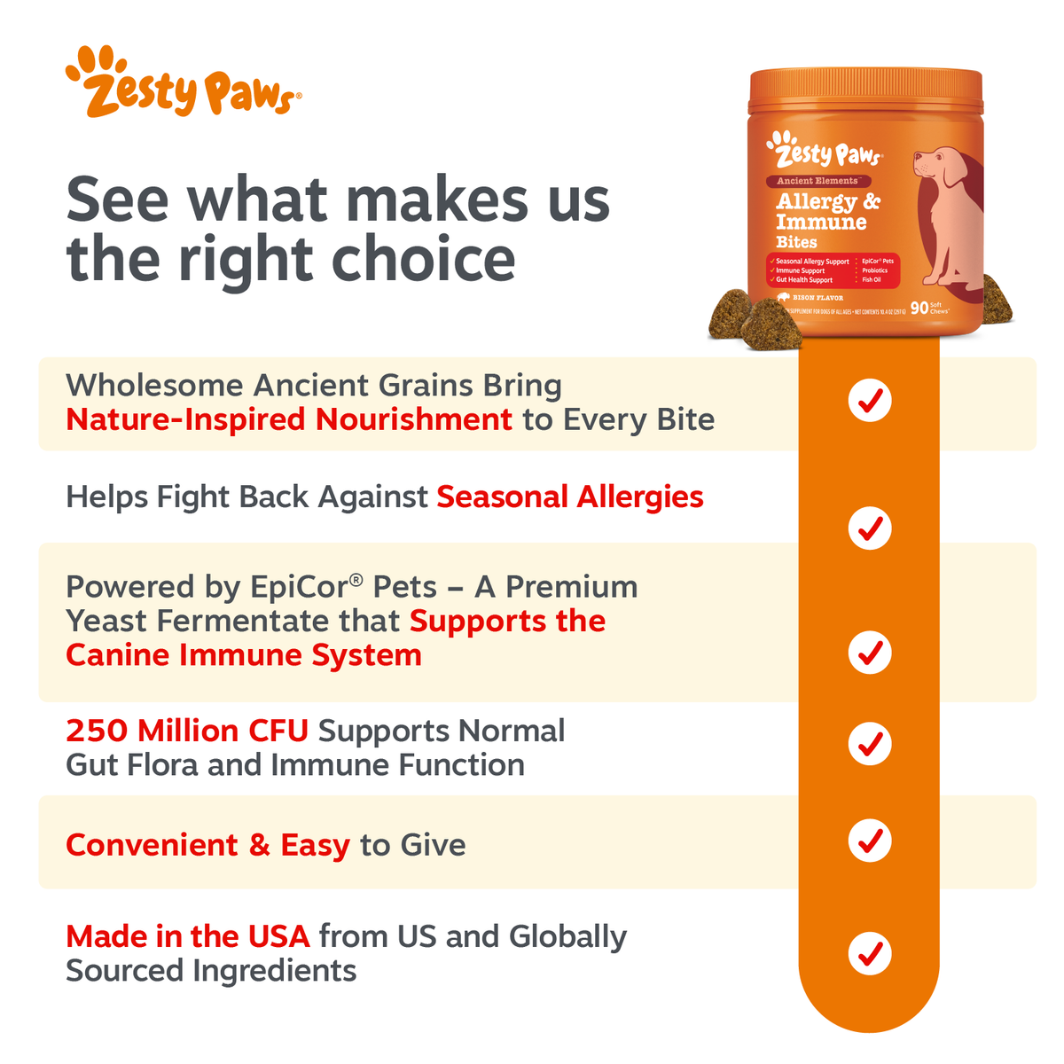 Orange container of Zesty Paws Allergy & Immune Bites dog treats with product information and checkmarks displayed on orange