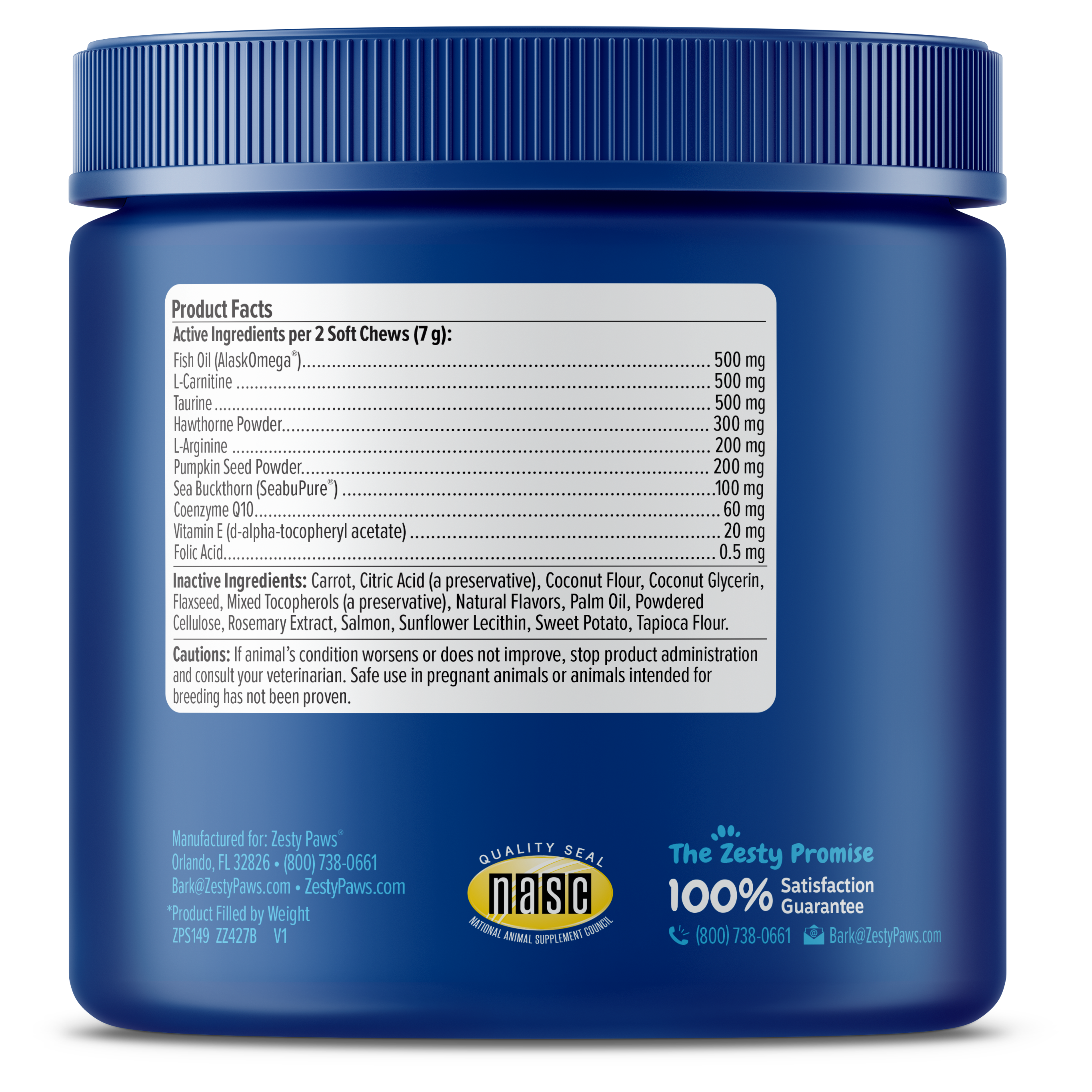 Blue jar of dog supplement soft chews with white product facts label and manufacturer information on dark background.