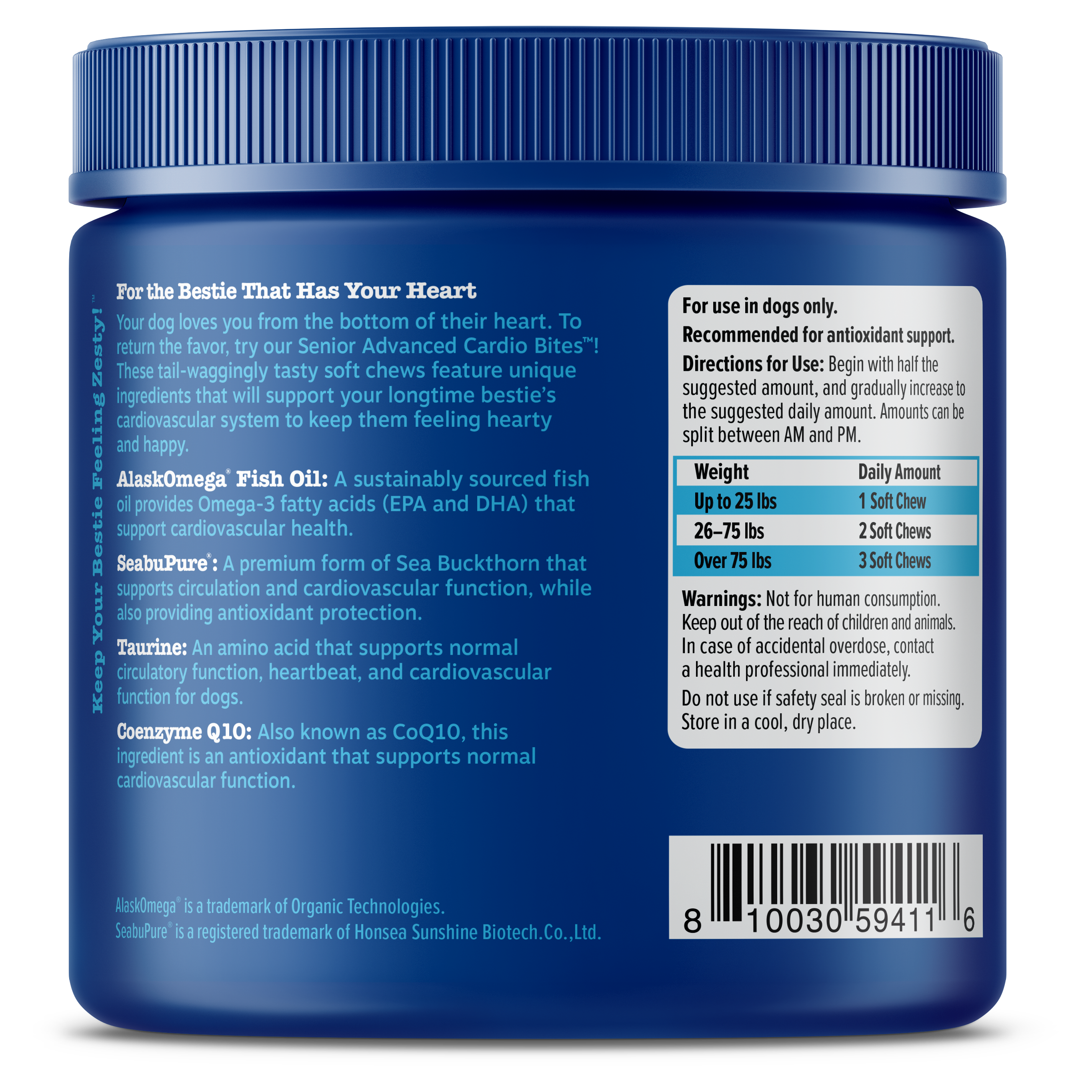 Blue jar with white ridged lid containing dog supplement chews, labeled Senior Advanced Cardio Bites with ingredient and dosa