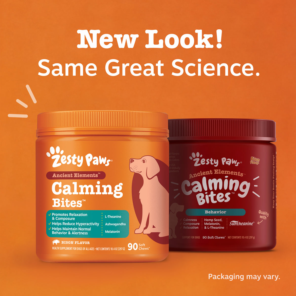 Two containers of Zesty Paws Ancient Elements Calming Bites dog treats in orange and burgundy packaging.