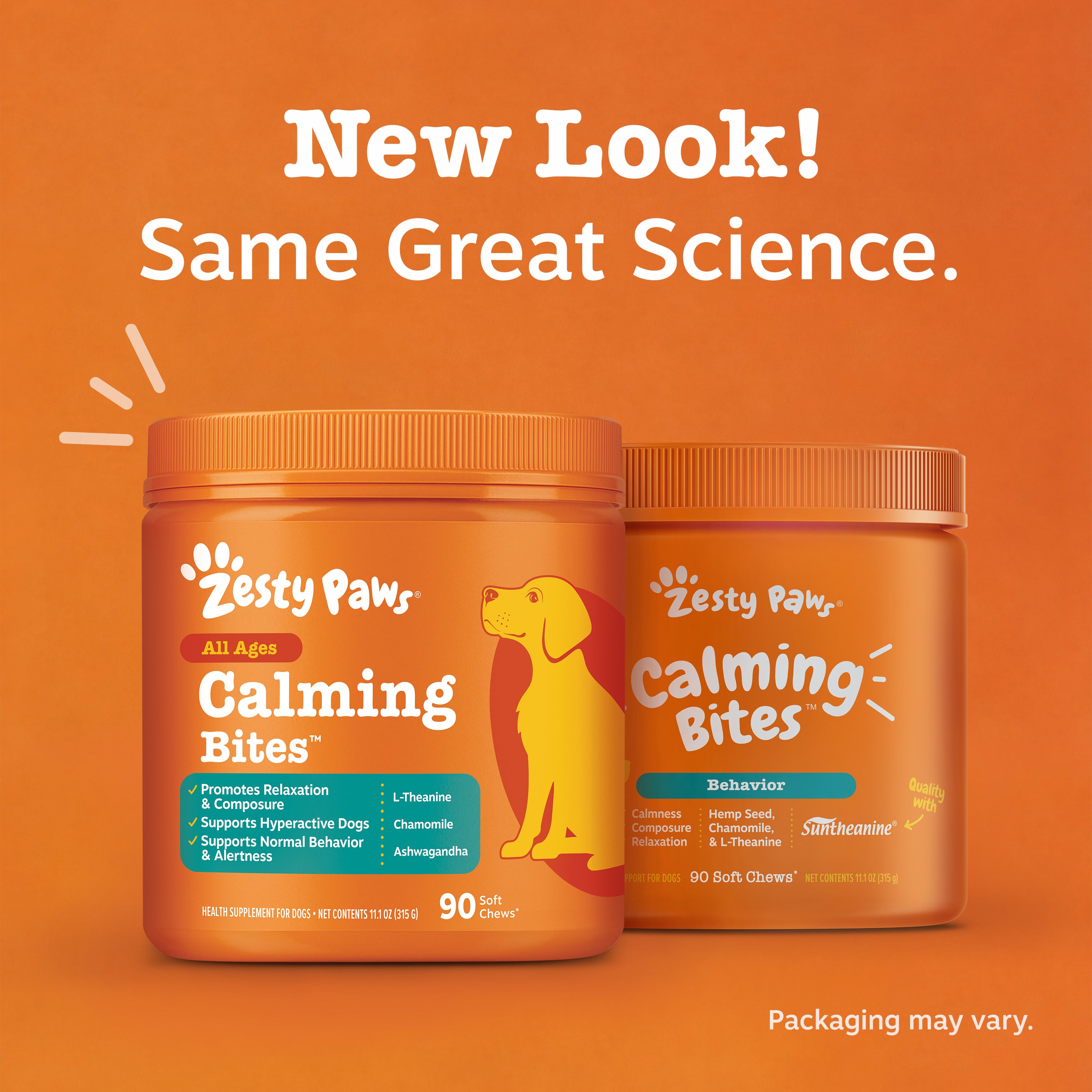 Two orange containers of Zesty Paws Calming Bites dog treats with yellow dog illustration and product information on orange b