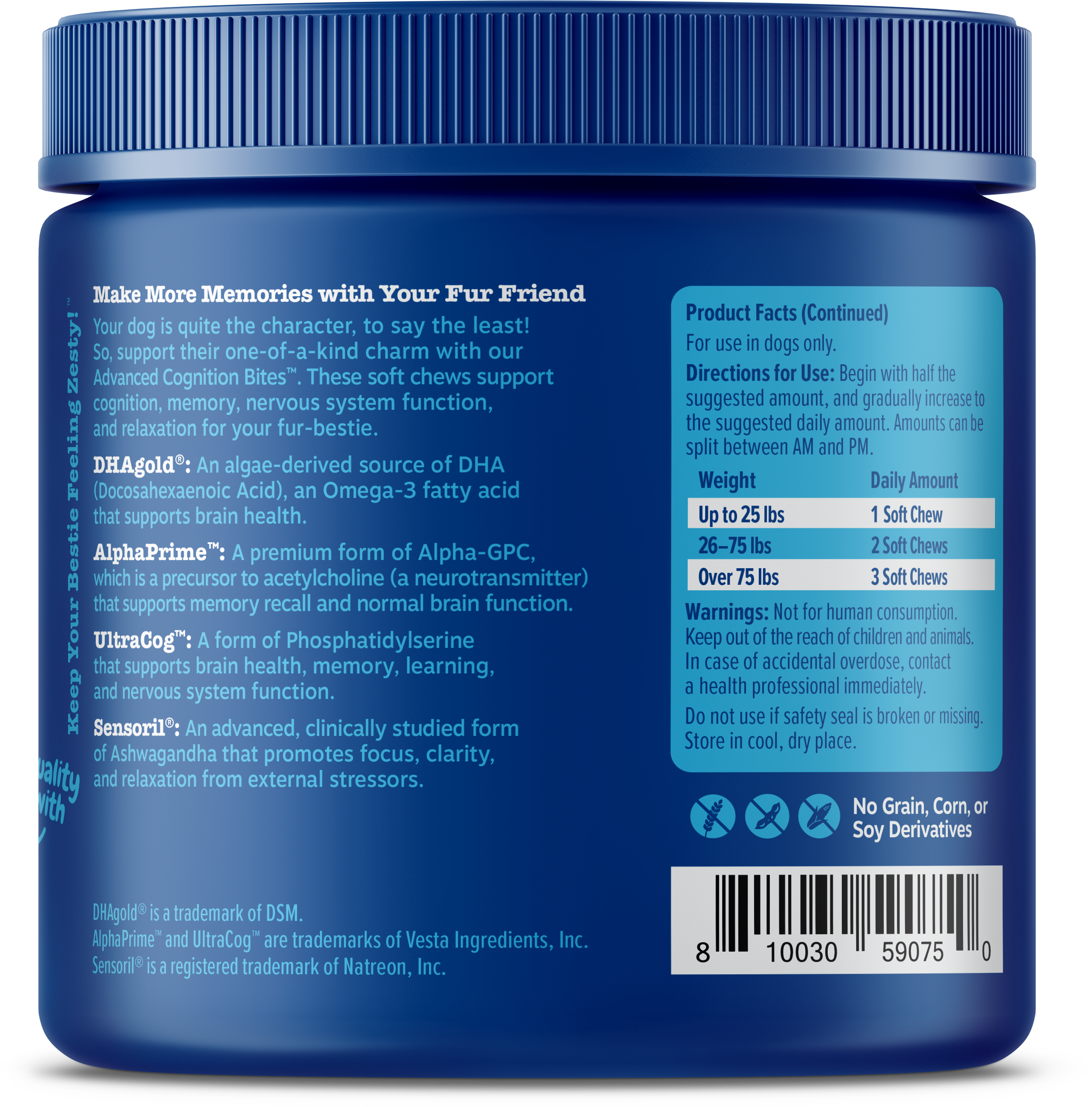 Blue plastic jar with white ridged lid containing soft chews for senior dogs, with product information and dosage chart on la