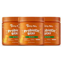 Three orange Zesty Paw probiotic bite containers with orange lids, each containing 90 soft chews.