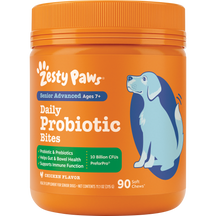 Orange jar of Zesty Paws Senior Advanced Probiotic Bites with orange screw cap, featuring illustrated senior dog and product 