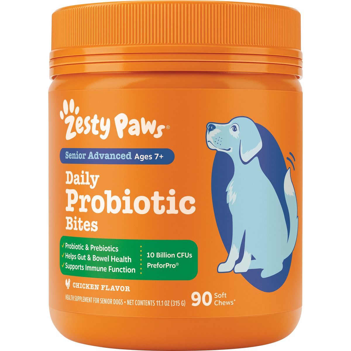 Orange jar of Zesty Paws Senior Advanced Probiotic Bites with orange screw cap, featuring illustrated senior dog and product 