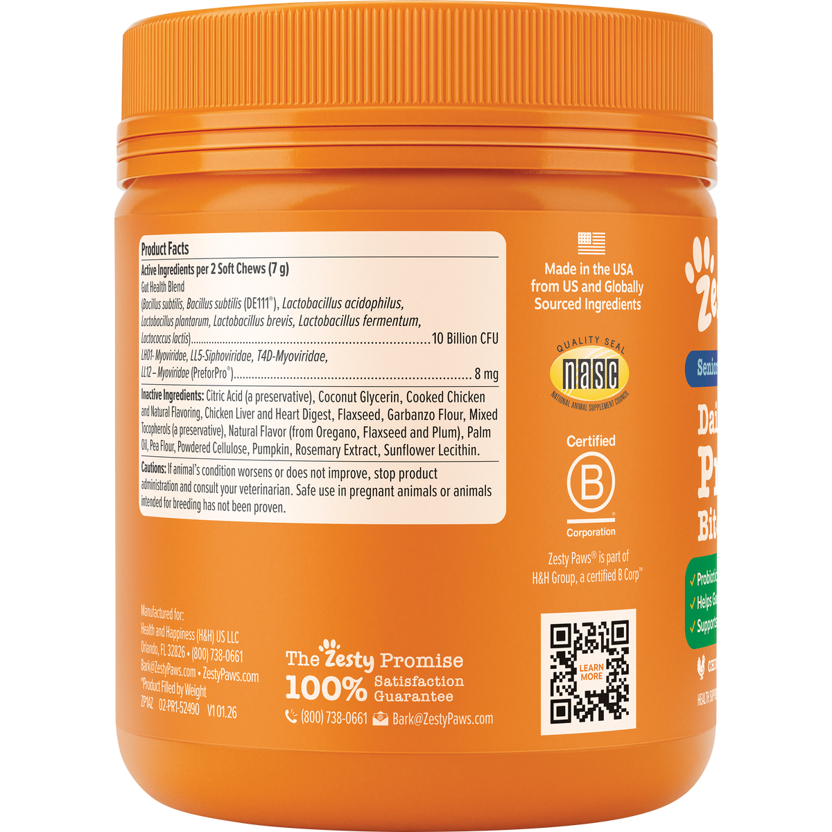 Orange plastic jar with ribbed cap containing probiotic dog treats, displaying product facts label and ingredient list on fro