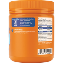 Orange jar with orange ribbed cap containing senior dog probiotic chews with usage directions and ingredient information on l