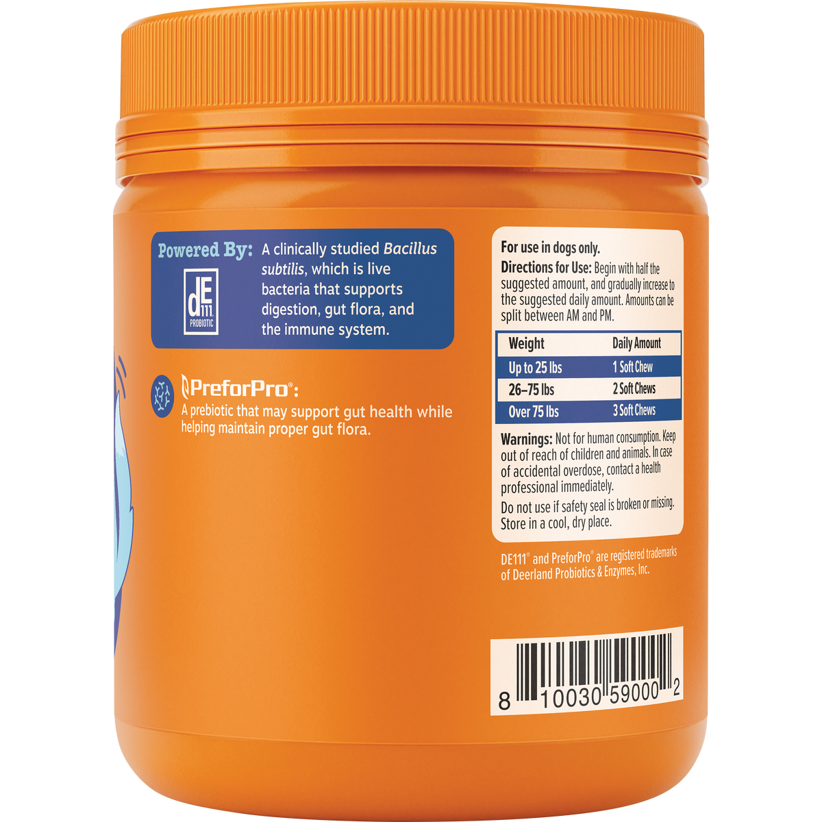 Orange jar with orange ribbed cap containing senior dog probiotic chews with usage directions and ingredient information on l