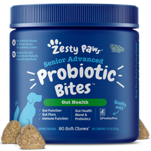 Blue jar of Zesty Paws Senior Advanced Probiotic Bites for dogs with chicken flavor, containing 90 soft chews.