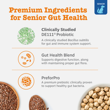 Infographic showing premium ingredients for senior dog probiotics including DE111 probiotic, gut health blend, and PreforPro 