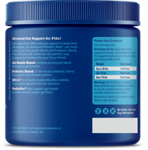 Blue jar with ribbed lid containing senior dog probiotic soft chews, featuring product information and dosage guidelines on l