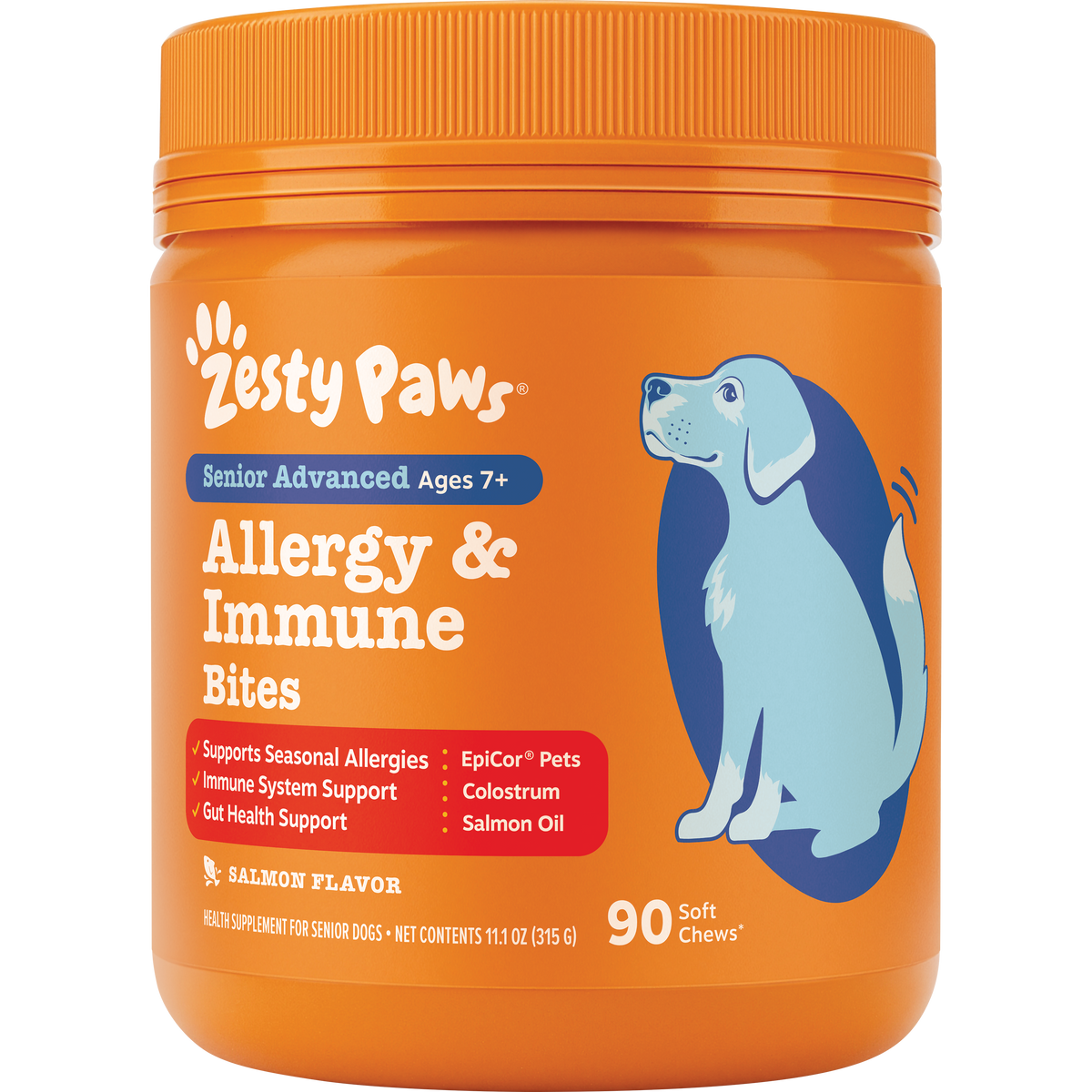 Orange plastic jar of Zesty Paws Senior Advanced Allergy & Immune Bites dog supplement with orange screw-top lid and illustra