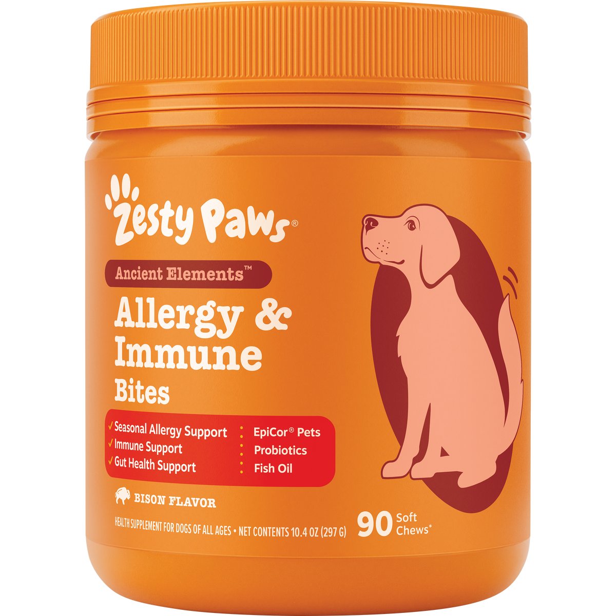 Orange jar of Zesty Paws Ancient Elements Allergy & Immune Bites dog supplement with orange screw-top lid and illustration of