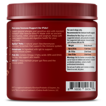 Dark red jar with ribbed cap containing soft chews for dogs, labeled with ingredient information and dosage instructions on w