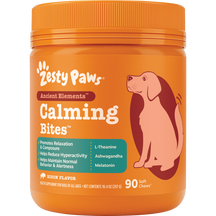 Orange jar of Zesty Paws Calming Bites dog treats with illustrated dog, containing 90 soft chews.