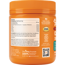 Orange jar of dog calming treats with ribbed cap, product facts label, and certification badges on front.