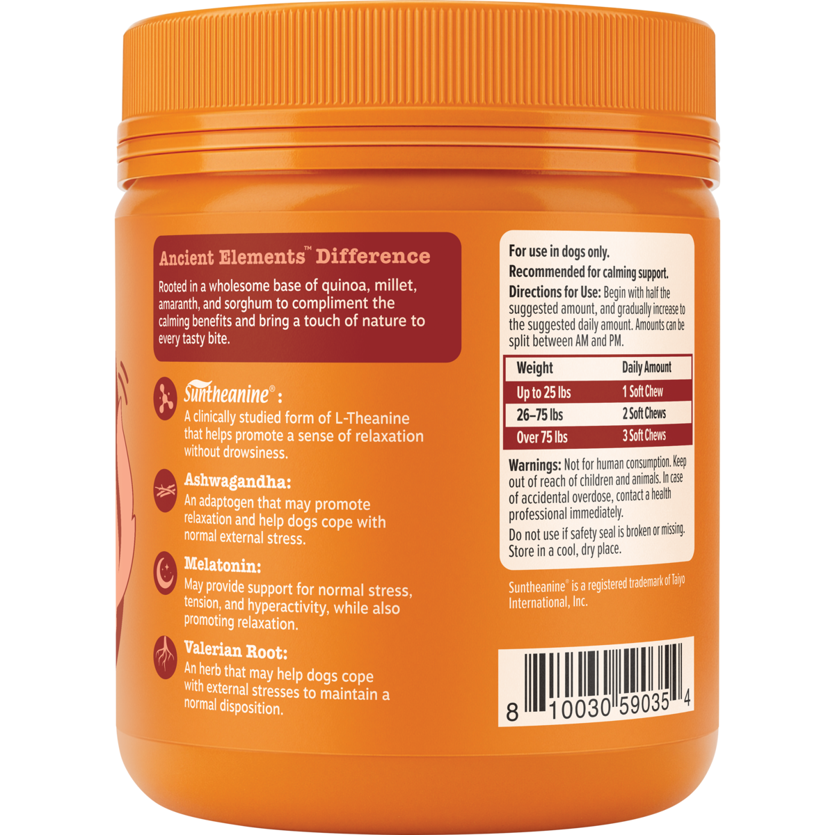 Orange bottle of dog calming supplement with orange ribbed lid, ingredient and usage information on label.