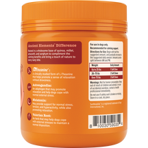 Orange bottle of dog calming supplement with orange ribbed lid, ingredient and usage information on label.
