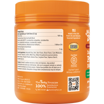 Orange jar of probiotic dog treats with ribbed cap, product facts label, and white paw logo on front.