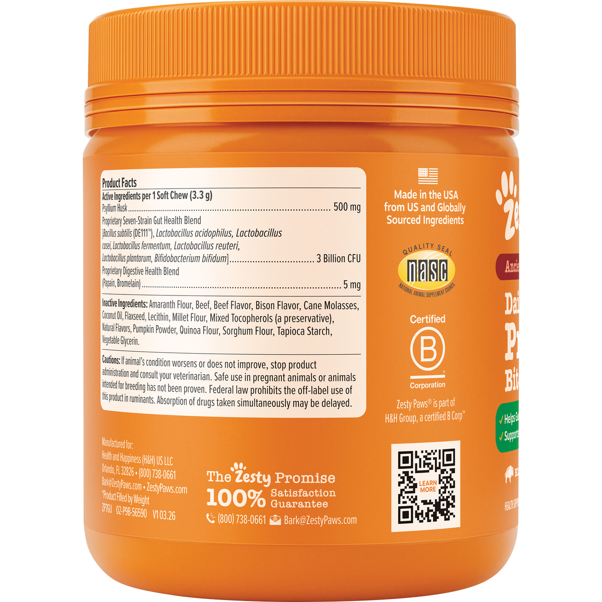Orange jar of probiotic dog treats with ribbed cap, product facts label, and white paw logo on front.