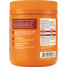Orange plastic jar with ridged cap containing dog probiotic bites, labeled with ingredient information and dosage instruction