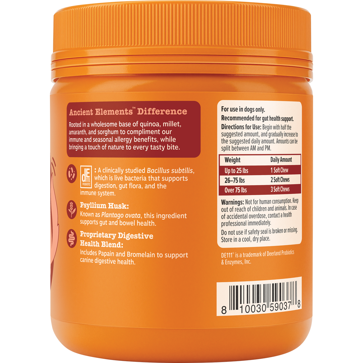 Orange plastic jar with ridged cap containing dog probiotic bites, labeled with ingredient information and dosage instruction