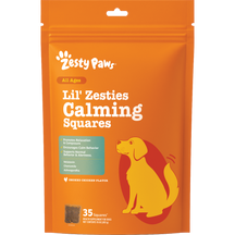 Orange resealable pouch of Zesty Paws Lil' Zesties Calming Squares dog treats with yellow and red dog illustration.