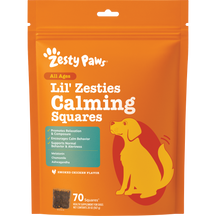 Orange pouch of Lil' Zesties Calming Squares dog treats with yellow and red dog illustration and ingredient list.