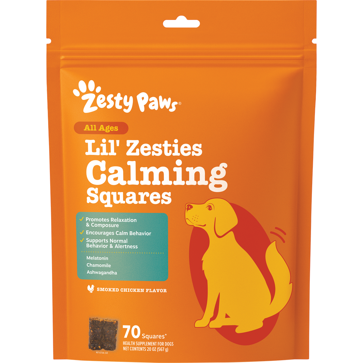 Orange pouch of Lil' Zesties Calming Squares dog treats with yellow and red dog illustration and ingredient list.