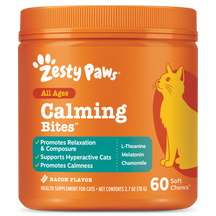 Orange jar of Zesty Paws Calming Bites for cats with yellow cat illustration, containing 60 soft chews.