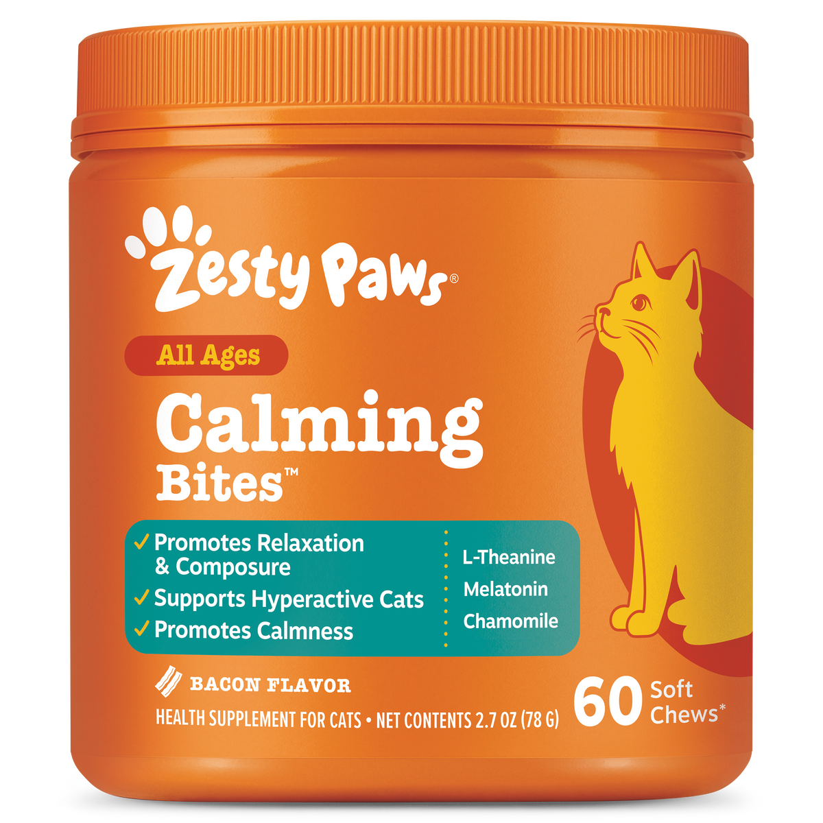 Orange jar of Zesty Paws Calming Bites for cats with yellow cat illustration, containing 60 soft chews.