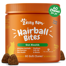 Orange jar of Zesty Paw Hairball Bites with bacon flavor, containing 60 soft chews, displayed with three brown chew pieces in