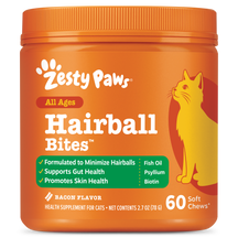 Orange jar of Zesty Paws Hairball Bites soft chews for cats with yellow cat illustration and product information label.